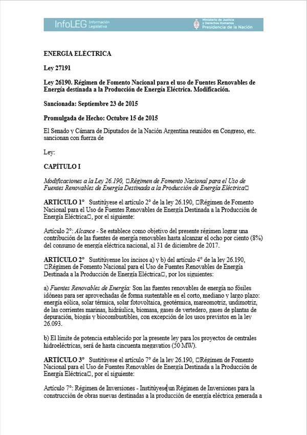 ENERGÍA ELÉCTRICA – Ley 27191